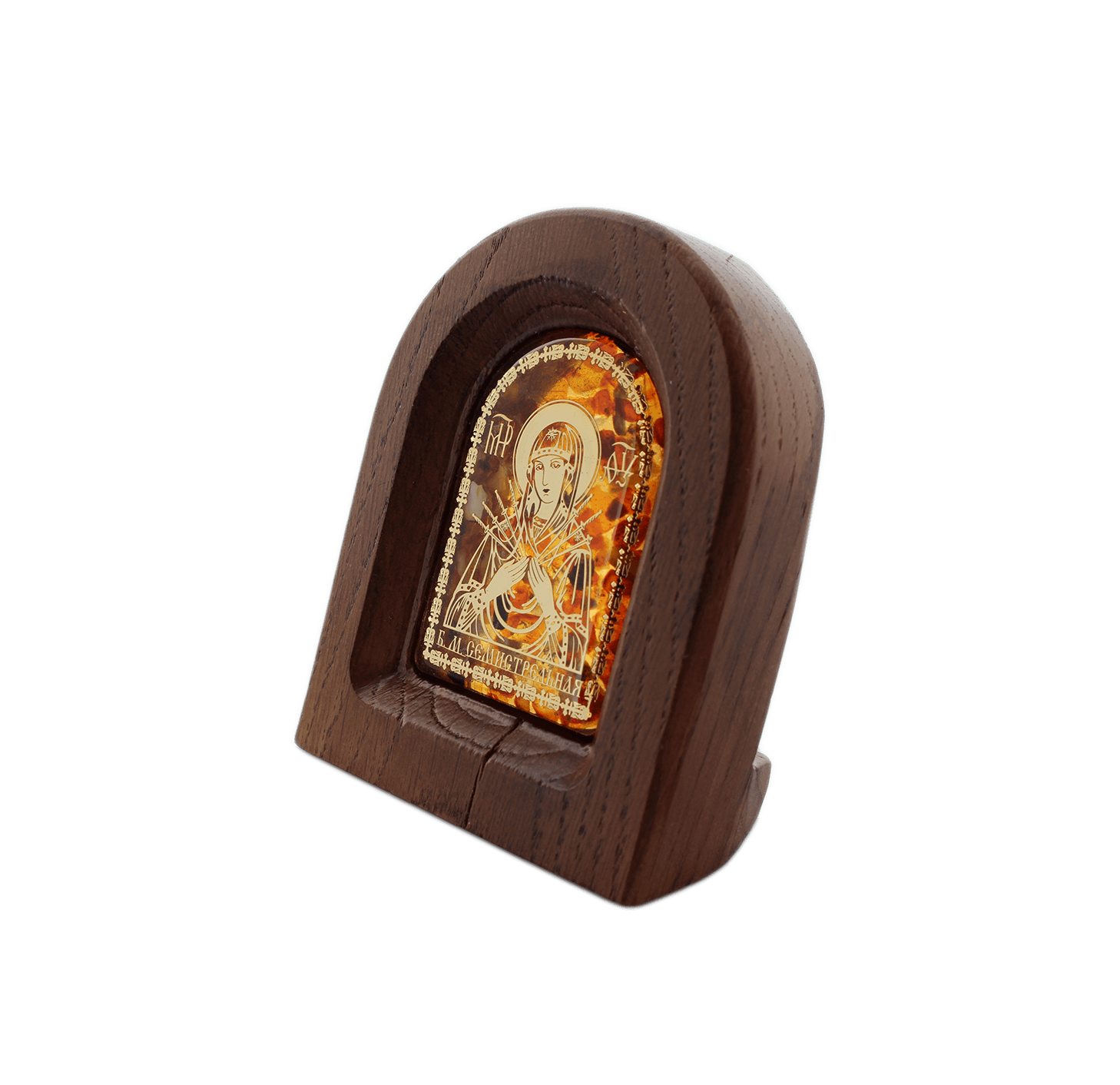 Икона в деревянной арочной рамке (киоте) из дуба. Богородица Семистрельная Икона в деревянной арочной рамке (киоте) из дуба. Богородица Семистрельная